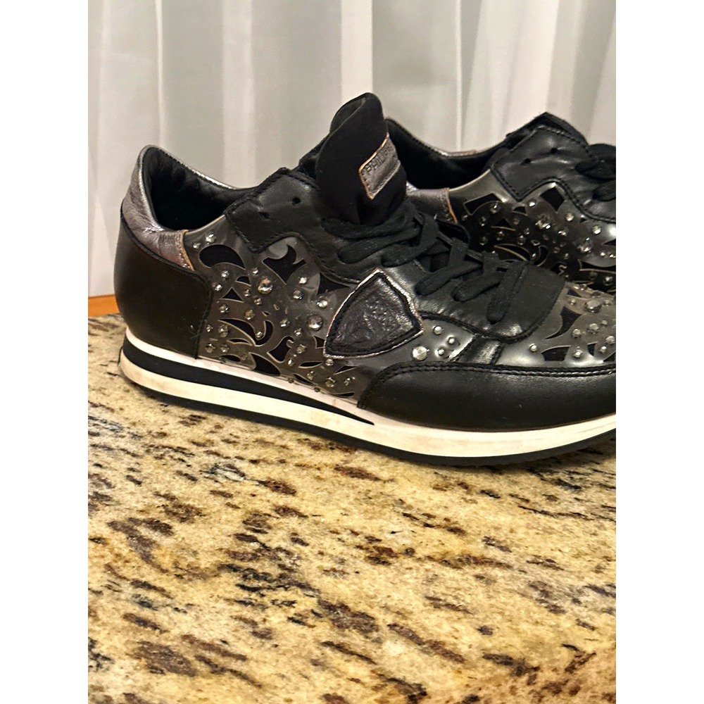 Philippe Model Tropez Sneakers Women's 9 Black Leather Rhinestone Made in Italy
